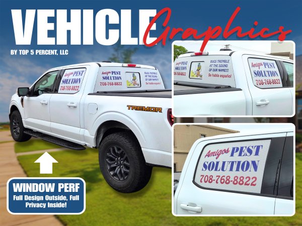 Custom vehicle window graphics and perforated window vinyl in Joliet and Shorewood IL