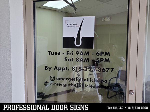 Custom door signs and door graphics for businesses in Joliet, Shorewood, and Crest Hill Illinois