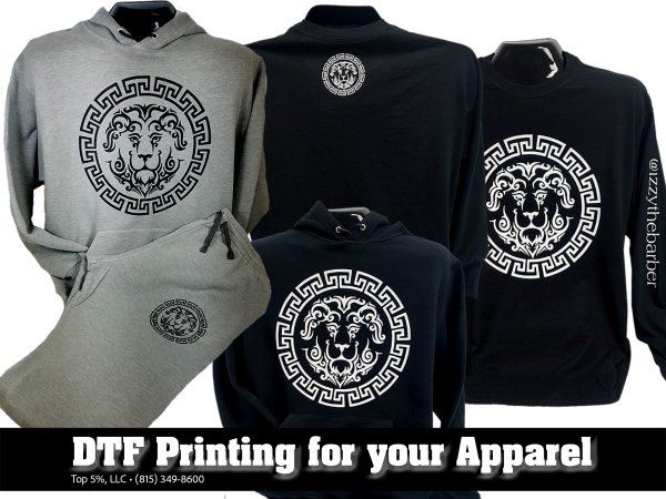 Custom DTF zip-up hoodies and full color transfers printed in Joliet Illinois