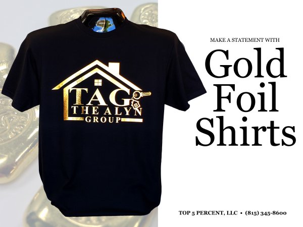 Custom gold foil printed shirts with metallic finish in Joliet Illinois