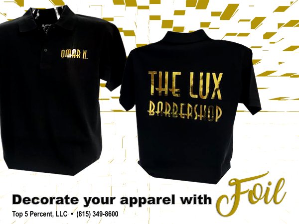 Custom metallic foil polo shirts printed in Joliet Illinois