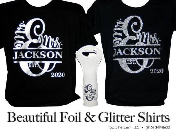 Custom foil shirts for weddings and events in Crest Hill and Joliet IL, metallic print apparel