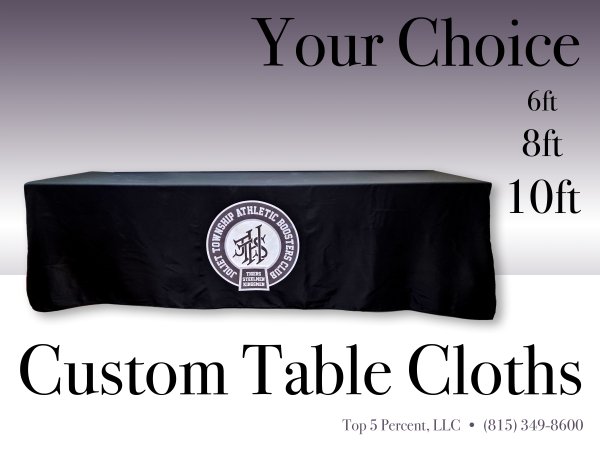 Custom 8-foot table cloth for trade shows and events in Joliet Illinois