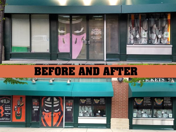 Custom window signs at the Joliet Slammers stadium in Joliet Illinois