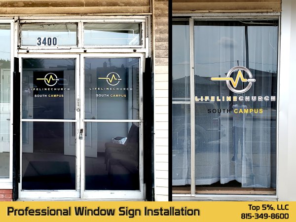 Window clings and perforated vinyl for businesses in Joliet and Shorewood Illinois